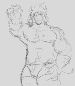 alcohol armpit_hair beer beverage beverage_can body_hair bulge chest_hair hair holding_object male muscular solo chalaren bovid bovine cattle mammal absurd_res hi_res
