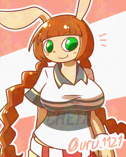 anthro bangs bedroom_eyes blunt_bangs blush blush_lines bottomwear braided_hair breasts brown_hair closed_smile clothing collared_shirt female green_eyes hair long_hair mouth_closed narrowed_eyes one_ear_up orange_nose pants pigtails red_bottomwear red_clothing red_pants seductive shirt short_sleeves smile solo standing text topwear twin_braids white_clothing white_shirt white_topwear uru_1121 bemani konami pop'n_music pop'n_music_high_cheers!! mimi_(pop'n_music) lagomorph leporid mammal rabbit 4:5 artist_name signature