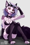 5_fingers anthro black_clothing black_gloves black_handwear black_legwear black_stockings black_underwear bra claws clothing collar eyebrow_piercing eyebrows eyelashes eyewear facial_piercing female fingerless_gloves fingers fluffy fur gloves grey_body grey_fur grey_hair hair handwear holding_eyewear holding_object holding_sunglasses legwear looking_at_viewer multicolored_body multicolored_fur open_mouth paws pentagram_bra piercing raised_arm red_sclera ring_piercing smile solo spiked_collar spikes stockings sunglasses tail teeth two_tone_body two_tone_fur underwear white_body white_fur white_hair roksodraws helluva_boss mythology loona_(helluva_boss) canid canid_demon canine demon hellhound mammal mythological_canine mythological_creature 2:3 hi_res