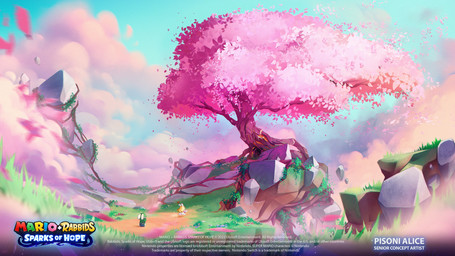 anthro blonde_hair blue_clothing blue_ear_piercing blue_overalls blue_sky button_(fastener) clothed clothed_anthro clothed_female clothed_male clothing cloud copyright_symbol day duo female female_anthro floating_rocks flower fully_clothed fully_clothed_anthro fully_clothed_male fur grass green_clothing green_hat green_headwear green_shirt green_topwear hair hat headgear headwear light long_hair male male_anthro mitten_hands overalls petals plant red_flower rock running shirt sky standing symbol text title topwear tree white_body white_fur year alice_pisoni mario_bros mario_plus_rabbids_kingdom_battle mario_plus_rabbids_sparks_of_hope nintendo raving_rabbids rayman_(series) ubisoft rabbid_luigi rabbid_peach lagomorph mammal rabbid 16:9 2023 absurd_res adobe_photoshop_(artwork) colored crossover digital_drawing_(artwork) digital_media_(artwork) english_description english_text hi_res lighting official_art shaded widescreen