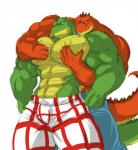 abs alligator alligatorid anthro athletic biceps big_muscles bottomwear brother_(lore) bulge clothed clothing crocodile crocodilian crocodylid denim denim_bottomwear denim_clothing duo forked_tongue grabbing_from_behind green_body green_skin grin grope hi_res horn jeans licking male male/male muscular muscular_male orange_body orange_eyes orange_skin pants pec_grab pecs pose reptile scales scalie shorts sibling_(lore) simple_background smile standing tongue tongue_out topless wani white_background who yellow_body yellow_skin yongdasom