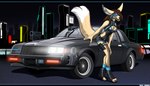2022 anthro black_nose breasts brown_hair buick buick_grand_national canid canine car city clothed clothing cyberpunk detailed_background digital_media_(artwork) domestic_cat eyewear feet felid feline felis female fennec_fox fingers fox fur general_motors glasses hair mammal neon night outside retro_car solo tales_foxdale tan_body tan_fur toes tongue tongue_out true_fox vehicle white_body white_fur
