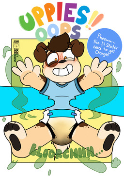 anthro bodily_fluids clothed clothing diaper feces genital_fluids happy male pooping poopy_diaper smile soiled_diaper soiling soiling_diaper solo speech_bubble stink_fumes stink_lines text topwear unclean_diaper uppies urine used_diaper using_diaper wearing_diaper wet_diaper young young_anthro conditional_dnp scoty_doodlerz canid canine mammal hi_res