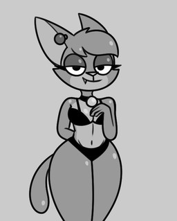 anthro arms_bent bare_shoulders bedroom_eyes big_breasts big_ears big_eyes biped bra breasts clothed clothed_anthro clothed_female clothing collar collar_tag countershade_face countershade_fur countershade_torso countershading earpiece eyelashes fangs female fingers front_view fur fur_tuft glistening glistening_body glistening_breasts glistening_eyelids glistening_fur glistening_legs glistening_shoulders glistening_tail glistening_thighs half-closed_eyes hand_behind_back head_tuft humanoid_hands iris legs_together long_eyelashes looking_at_viewer mature_anthro mature_female mouth_closed narrowed_eyes navel no_pupils panties pointy_ears pose prick_ears pseudo_hair seductive smile smiling_at_viewer smirk smirking_at_viewer solo standing tail teeth thick_thighs tuft underwear 4chan_anon unknown_artist murphy_and_mitzi delia_(ajmarekart) domestic_cat felid feline felis mammal 2025 digital_drawing_(artwork) digital_media_(artwork) greyscale monochrome pinup portrait three-quarter_portrait