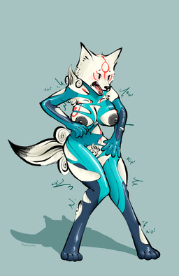 anthro anthrofied areola arm_tuft armpit_hair armpit_tuft big_breasts black_eyes black_lips black_nipples black_nose blush body_hair breasts clothing cosplay crossover_cosplay embarrassed expansion eyebrows eyelashes female fur genitals growth humanoid_hands lips markings navel_outline nipples open_mouth pubes red_markings ripping_sound_effect shoulder_tuft simple_background skinsuit solo standing stylized_pubes tail teeth thick_thighs tight_clothing torn_clothing torn_skinsuit transformation tuft vulva wardrobe_malfunction white_body white_fur zero_suit half_dime capcom metroid nintendo okami_(capcom) amaterasu_(okami) samus_aran canid canine canis mammal wolf absurd_res crossover hi_res