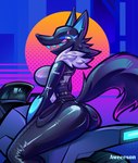 1980s_theme anthro big_breasts big_butt bodysuit breasts butt clothed clothing female fully_clothed fur_trim_(clothing) motorcycle sharp_teeth side_view skinsuit small_waist smile solo teeth text tight_clothing vehicle aweeeson epic_games fortnite pack_leader_highwire canid canine canis mammal wolf hi_res