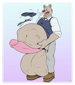 abdominal_bulge anthro balls belly big_balls big_belly big_penis burping burping_up_clothing cock_vore erection genitals huge_balls huge_penis male male_pred open_mouth oral_vore penile penis prey_outline same_size_vore vore huttsergreywolf beastars riz_(beastars) bear mammal hi_res