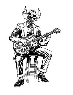 bottomwear bow_tie button_(fastener) clothing collared_shirt costume dobro dress_shirt eyewear fedora fire footwear furniture guitar hat headgear headwear male musical_instrument pants plucked_string_instrument shirt shoes sitting sitting_on_stool socks solo stool string_instrument sunglasses toothpick topwear postto deadlock_(game) valve infernus_(deadlock) demon elemental_creature fire_creature humanoid ixian hi_res monochrome traditional_media_(artwork)