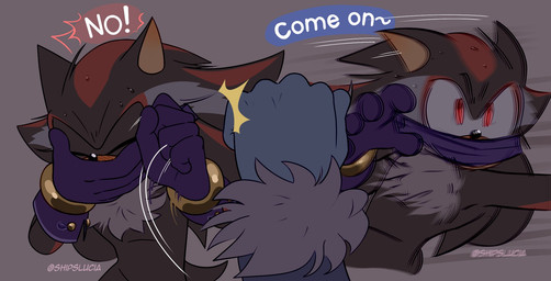angry anthro bodily_fluids covered_mouth covering covering_mouth dialogue duo fur male male/male speech_bubble sweat teasing shipslucia sega sonic_the_hedgehog_(series) sonic_unleashed shadow_the_hedgehog sonic_the_hedgehog sonic_the_werehog eulipotyphlan hedgehog mammal vampire werecreature wereeulipotyphlan werehog hi_res