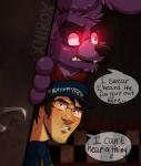 anthro bow_(feature) bow_tie clothing dark duo eyewear facial_hair glasses glowing glowing_eyes hat headgear headwear hook machine male red_eyes text conditional_dnp xnirox five_nights_at_freddy's scottgames bonnie_(fnaf) markiplier animatronic human lagomorph leporid mammal rabbit robot english_text