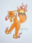 2024 3_toes absurd_res anthro breath_powers chest_tuft colored_pencil_(artwork) elemental_manipulation eyes_closed featureless_crotch feet female fire fire_breathing fire_manipulation flaming_tail foxparks foxydraws fur hi_res nude orange_body orange_fur pal_(species) palworld pocketpair simple_background solo tail toes traditional_media_(artwork) tuft white_background