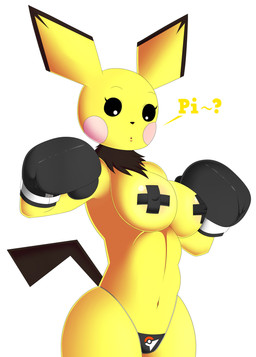 anthro anthrofied bikini_thong boxing_gloves breasts clothed clothing female handwear nipple_tape pasties pokemorph solo swimwear tape text topless mlpboxing nintendo pokemon generation_2_pokemon pichu pokemon_(species) hi_res