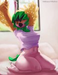 2019 anthro anthrofied avian avian_feet beak breasts cleavage clothed clothing decidueye feathers feet female generation_7_pokemon hi_res looking_at_viewer medium_breasts midriff multicolored_body multicolored_feathers nintendo non-mammal_breasts pokemon pokemon_(species) pokemorph skimpy smile solo stretching talons thick_thighs thousandfoldfeathers toes wide_hips