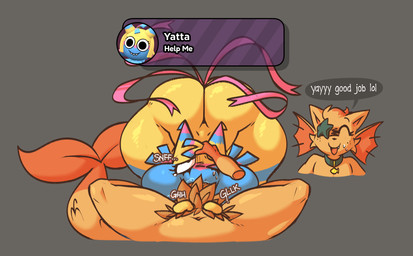 anthro balls_in_mouth big_butt biped bodily_fluids butt cheek_tuft cock_and_balls_blowjob collar collar_tag deep_throat dialogue duo eyelashes facial_tuft fangs fellatio female fin fish_tail freckled_face freckles fur gameplay_mechanics genitals gloves_(marking) hand_on_head head_fin head_tuft huge_thighs humanoid_genitalia humanoid_penis makeup male male/female markings multicolored_body navel nude onomatopoeia open_mouth oral oral_penetration orange_body orange_fur penetration penile penis pinata pubes running_makeup saliva scales scaly_tail sex sharp_teeth simple_background sound_effects starfish_(accessory) sweat tail tears teeth text thick_thighs tongue tuft two_tone_body yellow_body konaise blushcrunch_studio dandy's_world yatta_(dandy's_world) animate_inanimate aquatic asterozoan domestic_cat echinoderm felid feline felis hybrid living_pinata mammal starfish 2026 absurd_res colored digital_drawing_(artwork) digital_media_(artwork) english_text handwritten_text hi_res shaded
