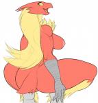2019 anthro avian big_butt blaziken blonde_hair blue_eyes breasts butt crouching danonymous feathers female generation_3_pokemon hair happy hi_res looking_back nintendo nipples non-mammal_breasts nude open_mouth pokemon pokemon_(species) scuted_arms scutes simple_background smile solo tongue