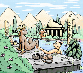 ambiguous_gender anthro bag barely_visible_genitalia barely_visible_penis casual_nudity cloud column duo eye_contact flower genitals jewelry lake lily_pad looking_at_another machine male moss mountain nude penis plant pottery river ruins skinny_dipping tree vines water phano arthropod bovid butterfly caprine domestic_cat felid feline felis goat insect lepidopteran mammal robot