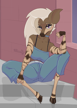 5_fingers anthro belt big_breasts bottomwear bra_strap breasts brown_body brown_fur choker cleavage clothed clothing collarbone digitigrade eyebrows eyeliner female fingers fur gloves_(marking) hair hooves jewelry makeup markings necklace pants purple_eyes solo striped_body striped_fur striped_markings stripes topwear tube_top white_hair selfdestructking affogato_(selfdestructiveking) giraffid mammal okapi absurd_res hi_res