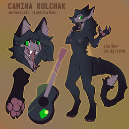 4_fingers 4_toes abstract_background acoustic_guitar anthro big_ears black_body black_fur black_hair claws fangs feet female finger_claws fingers forked_tongue fur green_eyes guitar hair musical_instrument pawpads plucked_string_instrument rattle_(anatomy) simple_background solo standing string_instrument tail teeth text toe_claws toes tongue tongue_out conditional_dnp elvche fallout microsoft canid canine canis coyote mammal night_stalker_(fallout) pit_viper rattlesnake reptile scalie snake viper 1:1 absurd_res english_text hi_res model_sheet