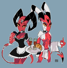 abs alcohol beverage big_breasts biped bottomwear bow_tie breasts butler choker cleavage clothed clothing crossant dress duo female female_humanoid food forehead_mark front_view genitals gesture hand_gesture holding_object holding_plate horn jewelry loincloth maid_uniform male male_humanoid markings middle_finger multicolored_body muscular muscular_male necklace neckwear nipples partially_clothed penis plate red_body red_eyes red_skin standing uniform white_body white_skin wine yellow_sclera spec_almond hellaverse helluva_boss barbie_wire blitzo_(helluva_boss) demon humanoid imp hi_res brother_(lore) brother_and_sister_(lore) sibling_(lore) sister_(lore)