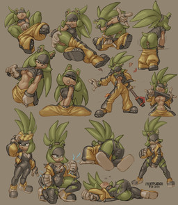 action_pose all_fours anal anal_fingering anthro areola big_forehead bodily_fluids boots bottomwear bottomwear_down bracelet breasts clenched_teeth clothed clothing clothing_lift crop_top dizzy dress drooling ear_piercing ear_ring electricity electricity_manipulation elemental_manipulation emanata eyes_closed eyewear eyewear_on_head facial_markings female fingering footwear front_view genital_fluids genitals gesture gesturing_at_viewer glasses glasses_on_head gloves green_hair grey_eyes hair handwear head_markings jacket jewelry kneeling leaf light_body light_skin long_hair looking_down looking_up low-angle_view lying markings midriff motion_lines narrowed_eyes nipples on_side open_clothing open_jacket open_mouth open_topwear pants pants_down partially_clothed piercing pose puffy_areola raised_clothing raised_shirt raised_topwear rear_view ring_piercing saliva sharp_teeth shirt shirt_lift shoes short_tail simple_background solo spiked_bracelet spikes spiky_hair spread_legs spreading tail teeth tied_hair tongue topwear torn_clothing unconscious vaginal vaginal_fingering vaginal_fluids vulva mootsider idw_publishing sega sonic_the_hedgehog_(comics) sonic_the_hedgehog_(idw) sonic_the_hedgehog_(series) surge_the_tenrec afrosoricid mammal tenrec absurd_res digital_drawing_(artwork) digital_media_(artwork) hi_res model_sheet