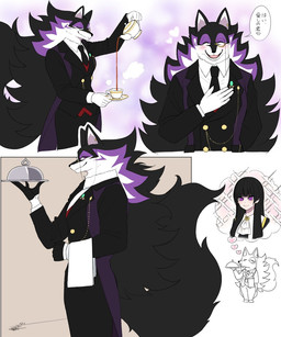 accessory anthro black_body black_fur blazer bottomwear clothing dream duo eyewear female fur kemono male male_focus monocle multicolored_body multicolored_fur necktie purple_body purple_eyes purple_fur text topwear vest white_body white_fur tiger_subaru iroha_mugen_(tiger_subaru) canid canine canis mammal wolf 5:6 hi_res japanese_text