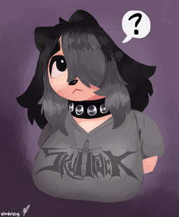 anthro band_merch band_shirt black_hair breasts clothing collar female freckles gradient_background grey_clothing grey_highlights grey_shirt grey_topwear hair hair_over_eye highlights_(coloring) one_eye_obstructed purple_background shirt simple_background solo studded_collar studs t-shirt topwear v-neck v-neck_shirt wide_eyed wonderslug mythology anise_(wonderslug) canid canine mammal mythological_canine mythological_creature werecanid werecanine werecreature werewolf hi_res