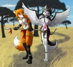 anthro arrow_(weapon) black_hair black_nose blue_eyes bottomwear bow_(weapon) breasts clothed clothing digitigrade dipstick_tail duo ear_piercing feathered_wings feathers feet female fur gauged_ear gloves_(marking) hair heterochromia leg_markings loincloth markings melee_weapon navel nipple_piercing nipples open_mouth orange_body orange_fur orange_hair outside piercing polearm ranged_weapon red_eyes socks_(marking) spear spread_wings tail tail_markings topless tribal weapon wings lord-kiyo foxyverse aisty_(mancoin) amber_(mancoin) canid canine canis domestic_dog fox husky mammal nordic_sled_dog spitz 2021