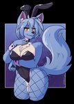 2020 5_fingers alpha_channel anthro big_breasts black_nose blue_body blue_fur blue_hair breasts bunny_costume canid canine canis chest_tuft clothing collar costume countershading fake_ears fake_rabbit_ears female fingers fishnet_clothing fishnet_legwear fur hair inner_ear_fluff kdhynamo legwear leotard looking_at_viewer maku_(maku450) mammal pawpads portrait simple_background smile solo three-quarter_portrait transparent_background tuft white_body white_countershading wide_hips wolf yellow_eyes