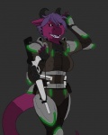 anthro armor breasts female gun holding_gun holding_object holding_ranged_weapon holding_weapon horn non-mammal_breasts ranged_weapon solo tail walking weapon bleuhawke mythology dragon mythological_creature mythological_scalie scalie