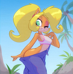 anthro big_butt bite biting_lip blonde_hair butt clothed clothing female hair looking_at_viewer one_eye_closed outside overalls palm_tree plant ponytail pulling_pants_down solo tree wink bigdad activision crash_bandicoot_(series) coco_bandicoot bandicoot mammal marsupial