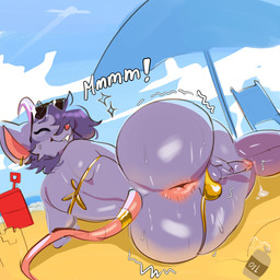 anthro anus balls beach big_balls big_butt big_penis bikini butt clothing day emanata eyewear eyewear_on_head femboy fur genitals gold_bikini grey_body grey_fur hairless_tail humanoid_genitalia humanoid_penis looking_back lying male on_side outside parasol penis rat_tail sand sea solo sunglasses sunglasses_on_head swimwear tail two-piece_swimsuit water wearing_sunglasses paulpla mammal murid murine rat rodent 1:1 hi_res
