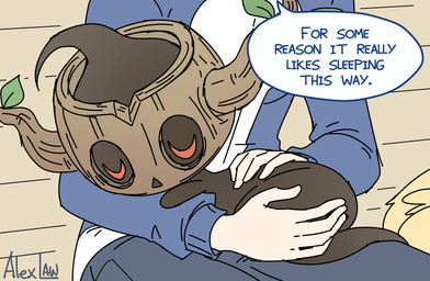 ambiguous_gender bench clothed clothing curled_up feral group hat headgear headwear holding_another male outside simple_background sitting sleeping speech_bubble text tree_stump trio alex_law nintendo pokemon calem_(pokemon) canid canine fennekin fox generation_6_pokemon ghost human mammal phantump pokemon_(species) spirit english_text