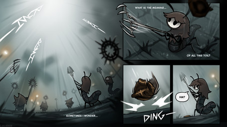 4_panel_comic ambiguous_gender antennae_(anatomy) bell black_eyes dialogue ellipsis empty_eyes group holding_object inner_monologue motion_lines question_mark sound_effects speech_bubble text thinking white_text lucaniamc hollow_knight:_silksong hollow_knight_(franchise) team_cherry arthropod thread_raker 16:9 comic english_text first_page hi_res widescreen