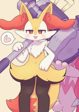 ambiguous_anthro ambiguous_gender anthro biped blush blush_lines bodily_fluids cute_fangs digitigrade dipstick_tail duo eyelashes fangs featureless_crotch front_view hammer holding_hammer holding_object holding_tool knock-kneed looking_at_viewer markings narrowed_eyes navel open_:3 open_mouth open_smile simple_background smile solo_focus speech_bubble standing sweat sweatdrop tail tail_markings teeth tools tremble_spikes moduckten nintendo pokemon braixen canid generation_6_pokemon generation_9_pokemon mammal pokemon_(species) tinkaton 2025 digital_drawing_(artwork) digital_media_(artwork) hi_res japanese_description pictographics portrait three-quarter_portrait translated_description