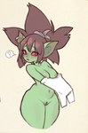 big_breasts bottomwear breasts brown_hair clothing ear_piercing ear_ring female genitals green_body green_skin hair humanoid_pointy_ears looking_at_viewer navel nipples not_furry notched_ear nude piercing pointy_ears pubes pupils pussy red_sclera ring_piercing shirt short_stack simple_background slit_pupils solo speech_bubble topwear undressing white_clothing white_shirt white_topwear peachkuns goobie_(da3rd) goblin humanoid mammal digital_media_(artwork) hi_res