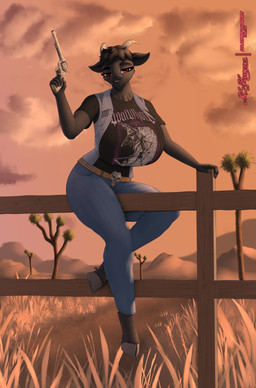 alternate_costume alternative_fashion anthro band_merch band_t-shirt battle_vest belt belt_buckle big_breasts black_body black_fur black_hair black_lips bone bottomwear breasts buckle buckteeth cheek_tuft clothed clothed_anthro clothed_female clothing cloud denim denim_bottomwear denim_clothing denim_shorts denim_topwear denim_vest detailed_background eyebrows eyelashes eyeliner facial_tuft female fence fencepost fetlocks fingers fur grass gun hair handgun hill holding_gun holding_object holding_ranged_weapon holding_weapon hooved_fingers hooves horn huge_breasts lips looking_at_viewer makeup metalhead neck_tuft ocular_prosthetic pistol plant pose prosthetic raised_arm ranged_weapon red_eyes revolver shirt short_hair shorts showing_teeth sitting_on_fence sitting_on_object skull skull_head sky smile smiling_at_viewer solo spikes studded_belt studs sunset t-shirt teeth thick_thighs topwear tree tuft vest weapon clearvision goatwhore_(band) bathory_black_(therealnarrowjungle) bovid caprine goat mammal absurd_res hi_res huge_filesize pinup signature