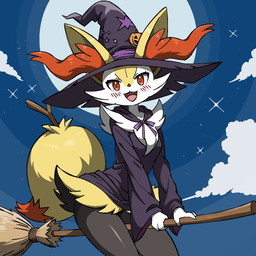 3_fingers :3 anthro arm_tuft biped black_body black_fur blush blush_lines blush_stickers bottomless bottomless_anthro bottomless_female bow_ribbon breasts broom broom_riding cheek_tuft chest_tuft cleaning_tool clothed clothing costume cute_fangs detailed_background dipstick_tail ear_tuft eyelashes facial_tuft fangs female female_anthro fingers front_view fur furgonomic_headwear furgonomic_topwear furgonomics halloween_costume hat headgear headwear hip_tuft holidays hoodie inner_ear_fluff looking_at_viewer markings moon multicolored_body multicolored_fur night object_in_tail open_:3 open_mouth open_smile orange_body orange_eyes orange_fur orange_inner_ear_fluff orange_nose orange_tail orange_tail_tip outside partially_clothed_anthro partially_clothed_female pointy_ears prick_ears purple_clothing purple_hat purple_headwear purple_hoodie purple_topwear shoulder_tuft sitting sky small_breasts smile solo star stick stick_in_tail tail tail_markings teeth three-quarter_view tongue topwear tuft two_tone_tail white_body white_fur witch_costume witch_hat yellow_body yellow_fur yellow_tail noye halloween nintendo pokemon braixen canid generation_6_pokemon mammal pokemon_(species) 1:1 2025 cel_shading digital_drawing_(artwork) digital_media_(artwork) hi_res portrait shaded source_request three-quarter_portrait unavailable_at_source