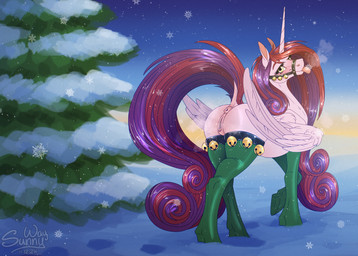 anus blush butt clothing cold feathers female feral footwear genitals harness holidays horn legwear rear_view reward smile socks solo stockings tongue tongue_out vulva wet wings winter sunny_way christmas hasbro my_little_pony mythology new_year equid equine horse mammal mythological_creature mythological_equine pony winged_unicorn hi_res