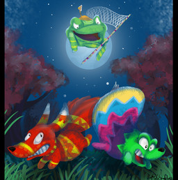 big_ears blue_body chasing clenched_teeth detailed_background feral full_moon grass green_body group holding_net looking_back male moon net night open_mouth open_smile orange_body pinata pink_body plant purple_body red_body running running_away smile star tail teeth tree trio white_body yellow_body verquilion rareware viva_pinata fergy_fudgehog langston_lickatoad paulie_pretztail amphibian animate_inanimate canid canine frog fudgehog lickatoad living_pinata mammal pretztail 2013