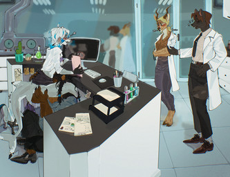 accessory anthro black_body black_ear_tips black_fur blush bodily_fluids breasts brown_body brown_fur cactus caught_in_the_act chair chemicals clothed clothing clothing_lift coat computer cunnilingus desk dipstick_ears ear_markings electronics female fur furniture group hair hair_accessory lab_coat laboratory laboratory_equipment laboratory_glassware male male/female multicolored_body multicolored_ears multicolored_fur multicolored_hair nipples no_underwear office_chair oral plant reflection scientific_instrument scientist sex shirt shirt_lift stealth_sex sweat table tablet tablet_computer topwear under_table vaginal connardcf antelope aquatic bear black_tip_reefshark bovid canid canine canis fish impala mammal shark ursine wolf digital_media_(artwork) hi_res