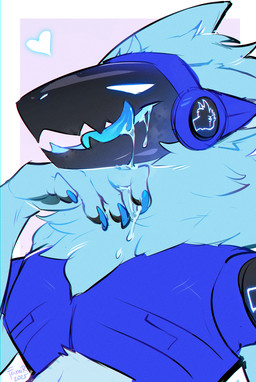 anthro belly black_pawpads blue_body blue_claws blue_fur bodily_fluids claws drooling finger_claws fingerpads fur machine male male_anthro narrowed_eyes open_mouth pawpads saliva saliva_string simple_background solo tongue tongue_out famir lasket protogen 2025 dated half-length_portrait hi_res portrait signature