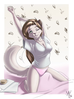 5_fingers anthro arms_above_head biped breasts brown_hair cleavage clothed clothing coffee_cup container cup eyebrows eyelashes female fingers fur hair kneeling long_hair looking_at_viewer one_eye_closed panties pattern_background pink_nose shirt simple_background smile solo spread_legs spreading topwear underwear white_body white_fur wide_hips wink allatir canid canine canis domestic_dog mammal 2016 3:4 hi_res