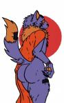 4_fingers abstract_background anthro big_butt biped black_claws black_nose blush butt butt_focus button_(fastener) claws clothed clothing clothing_aside dipstick_tail embarrassed fingers flustered fur fur_tuft handpaw male markings multicolored_body multicolored_fur multicolored_tail neck_tuft orange_body orange_fur orange_pawpads orange_tail partially_clothed pawpads paws plushie presenting presenting_hindquarters purple_body purple_fur purple_tail rear_view red_background robe ruff sewn_mouth simple_background snout solo standing tail tail_markings tuft two_tone_body two_tone_fur two_tone_tail white_background benhurbc deltarune undertale_(series) seam_(deltarune) animate_inanimate darkner domestic_cat felid feline felis living_plushie mammal 2018 digital_drawing_(artwork) digital_media_(artwork) hi_res portrait three-quarter_portrait