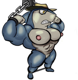 anthro bdsm big_muscles big_nipples big_pecs bodily_fluids bondage bound clothing hat hat_only headgear headgear_only headwear headwear_only male mostly_nude muscular muscular_arms nipples pecs sweat kimseng(artist) level-5 yo-kai_watch indiana_jaws_(yo-kai_watch) aquatic fish hi_res