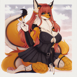 anthro arched_back barely_visible_pawpads clothed clothing curvy_figure dress female fluffy fluffy_chest fluffy_collar fluffy_tail fur hair hourglass_figure multicolored_body multicolored_fur orange_body orange_fur pawpads pose red_hair solo sparkles tail seanyleas canid canine fox mammal 1:1 absurd_res hi_res pinup