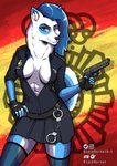 anthro belt blue_body blue_eyes blue_fur bottomwear clothed clothing cnp cuerpo_nacional_de_policia cuff_(restraint) electronics eye_spot female fishnet_clothing fishnet_legwear fur gloves gun handcuffs handwear legwear metal_cuffs multicolored_body multicolored_fur national_police national_police_corps_(spain) neck_tuft nipples police police_officer police_uniform radio ranged_weapon restraints shackles simple_background skirt smile solo spain textured_background tuft two_tone_body two_tone_fur uniform weapon white_body white_fur blackhornet canid canine canis domestic_dog husky mammal nordic_sled_dog spitz absurd_res hi_res