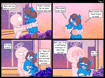 ambiguous_gender ambiguous_humanoid animal_genitalia blue_body blue_eyes blue_fur brown_hair brown_tail clothed clothed_humanoid clothing dialogue feral fur genitals grin hair happy holding_another lifting_another male male_feral narrowed_eyes one_eye_closed outside plant sheath shrub smile speech_bubble tail text white_body wink young young_feral young_male spacefluff fluffy_pony fluffy_pony_(species) humanoid mammal 2022 4:3 artist_name comic digital_media_(artwork) english_description english_text hi_res