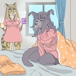 anthro bed_sheet bedding clothing container cup duo female kemono mug pajamas tired waking_up ekaki510 binturong felid feline leopardus mammal ocelot viverrid 1:1