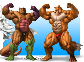 abdominal_markings abs anthro biceps big_muscles black_clothing black_thong black_underwear blue_background border brown_body brown_fur bulge claws clenched_teeth clothed clothing coat dipstick_tail duo feet flexing fur gloves_(marking) gradient_background green_body green_fur huge_muscles kemobuilder lab_coat leg_markings male markings multicolored_body multicolored_fur muscular muscular_anthro muscular_male nipples obliques orange_body orange_fur pecs purple_body purple_fur quads red_body red_clothing red_fur red_thong red_underwear simple_background socks_(marking) tail tail_markings tail_spines teeth thong thong_only toe_claws topless topwear underwear underwear_only white_body white_border white_fur white_tail_tip echin aj_the_fox shadow_(shadowstlkr) canid canine fox mammal 2019