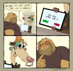 4_panel_comic adam's_apple anthro apron barista big_eyes biped black_clothing black_shirt black_text black_topwear blush border brown_ear clothing computer_screen dialogue duo ear_piercing eyelashes facial_piercing flirting green_hair hair half-closed_eyes hand_hair humor male narrowed_eyes nose_piercing nose_ring open_mouth piercing ring_piercing shirt smile speech_bubble stubble talking_to_another tan_body tan_border text tied_hair topwear year phillip-banks american_opossum bulldog canid canine canis domestic_dog mammal marsupial mastiff molosser 2025 comic english_text handwritten_text hi_res signature